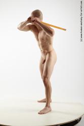 Nude Fighting with spear Man White Muscular Bald Realistic